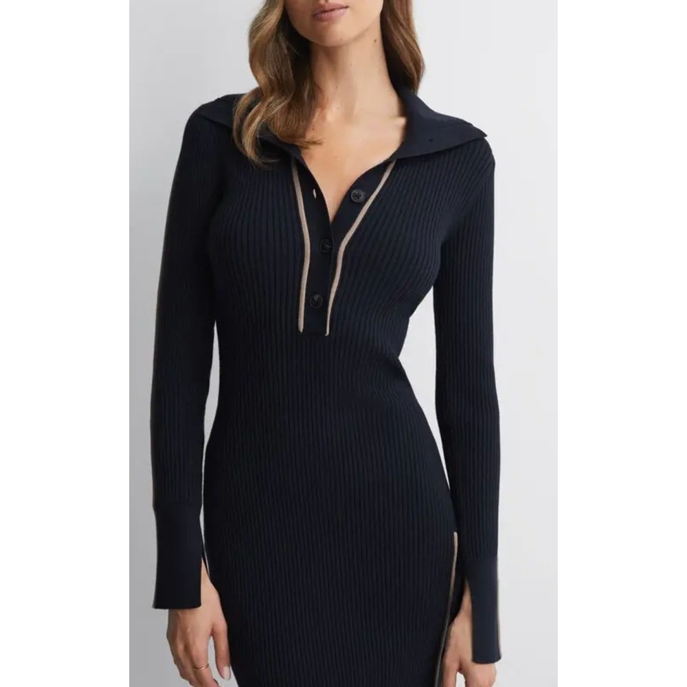 Reiss Michelle Ribbed Knit Midi Dress Navy Contrast Trim Polo Medium